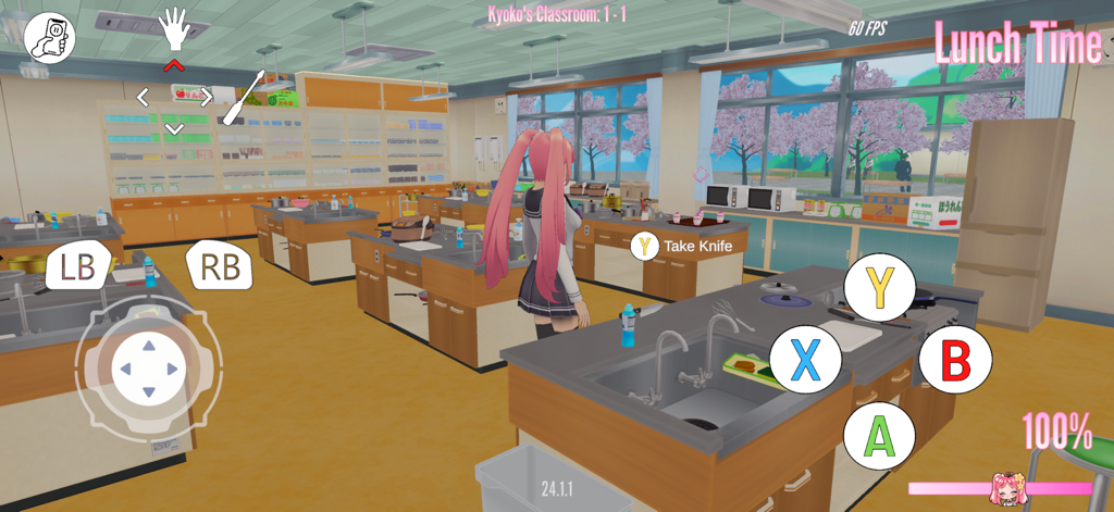 Lethal Love - Anime schoolgirl Kyoko in a classroom kitchen with a prompt to pick up a knife