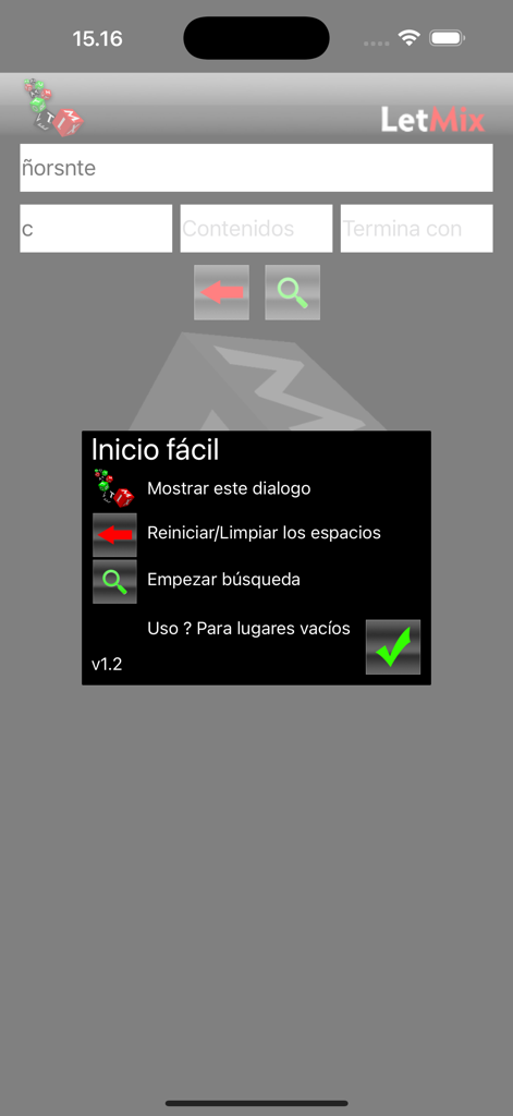 LetMix app interface showing the word search and quick start guide in Spanish