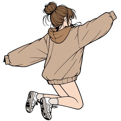 realistic girl jumping with a bun and oversized sweatshirt