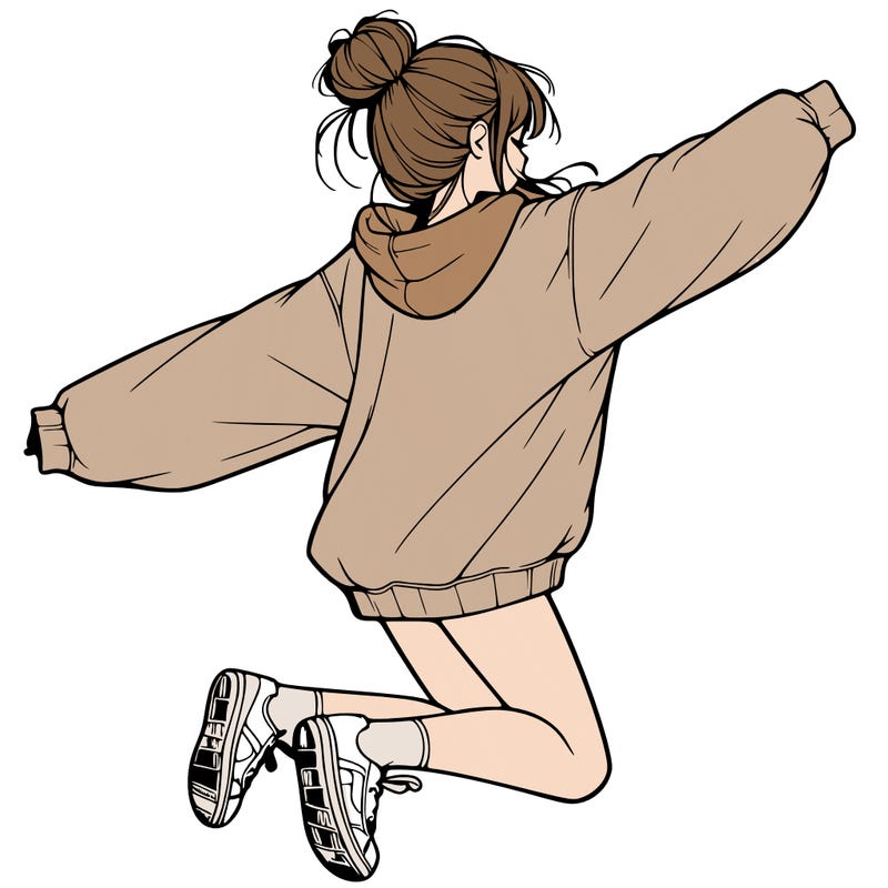 realistic girl jumping with a bun and oversized sweatshirt