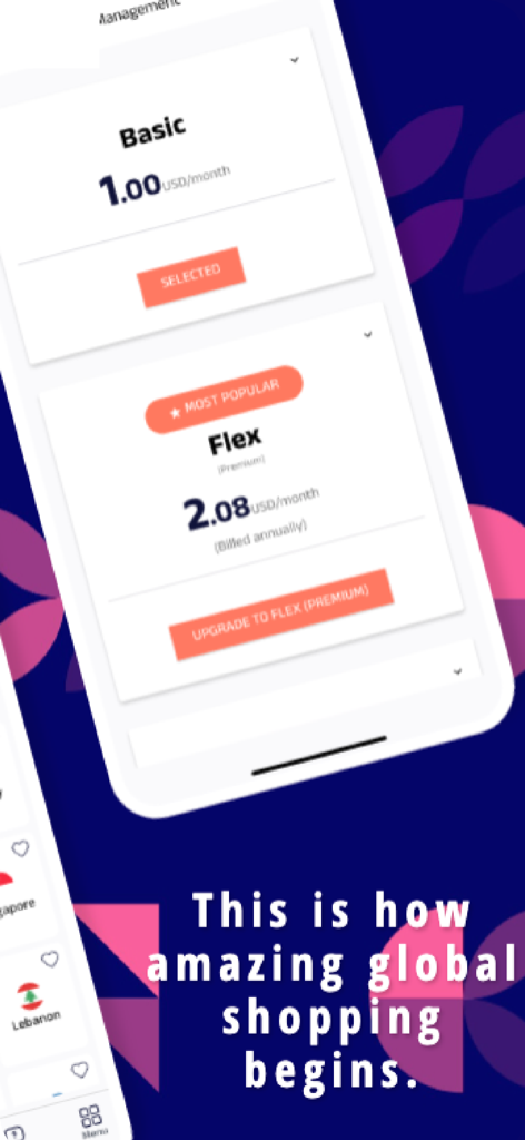 Aramex Global Shopper - ベーシックおよびフレックスメンバーシップの購読オプションが表示されたAramex Global Shopperアプリのインターフェース