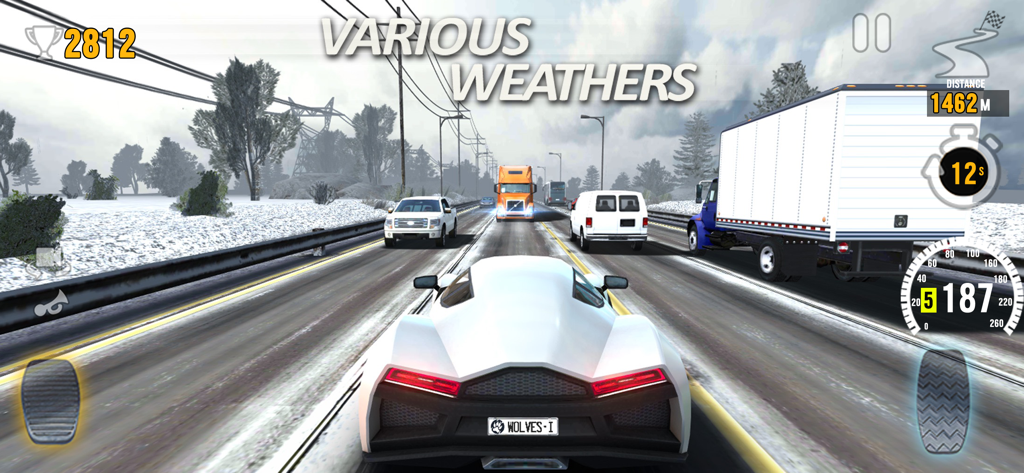 White sports car driving through highway traffic in a snowy winter environment