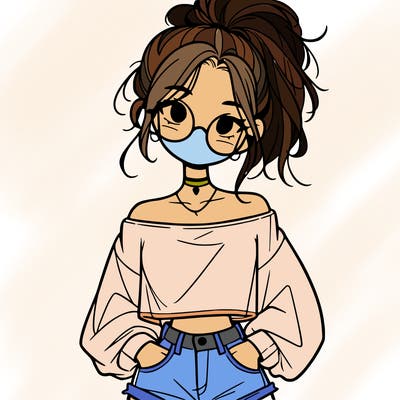 girl with a messy ponytail glasses a baggy crop top and jean shorts