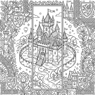 Dive into a world of knights and royalty with this enchanting moated castle bookmark coloring page. Perfect for fantasy lovers, this intricate design combines a majestic fortress with beautiful medieval art, ready for your creative touch.