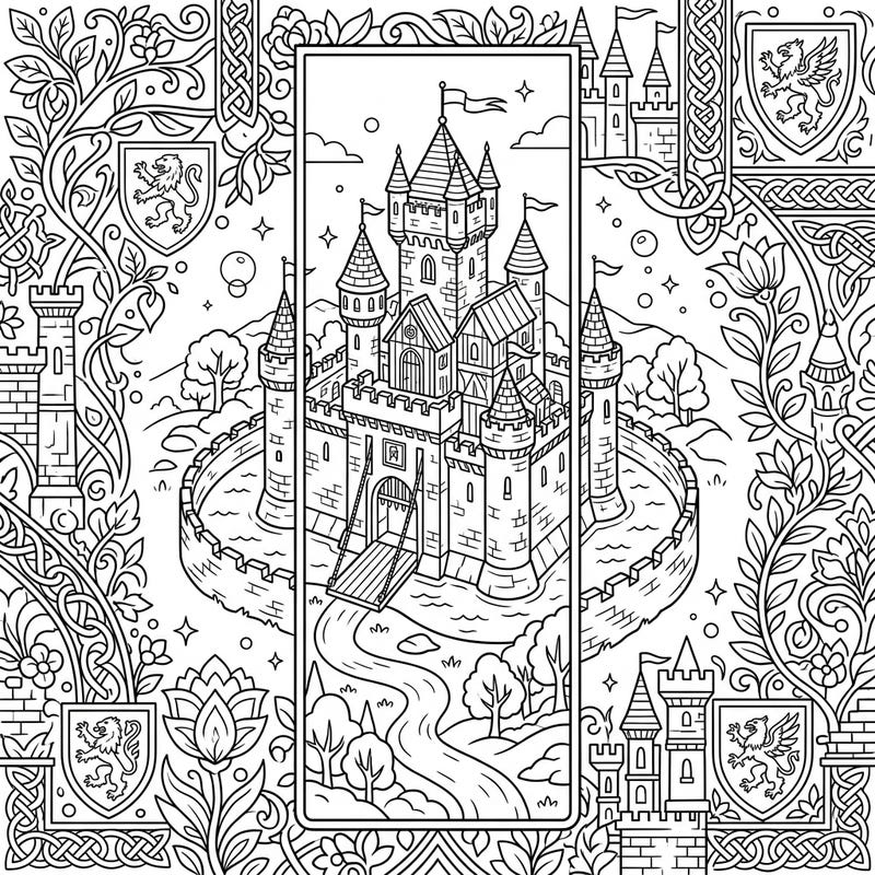 Dive into a world of knights and royalty with this enchanting moated castle bookmark coloring page. Perfect for fantasy lovers, this intricate design combines a majestic fortress with beautiful medieval art, ready for your creative touch.