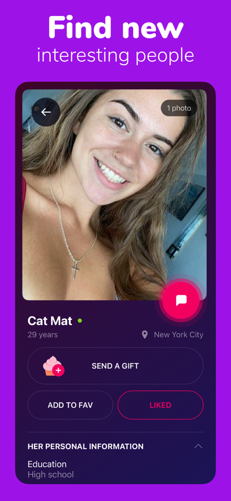 Perfil de citas en la aplicación Flercha con información del usuario y opciones de chat