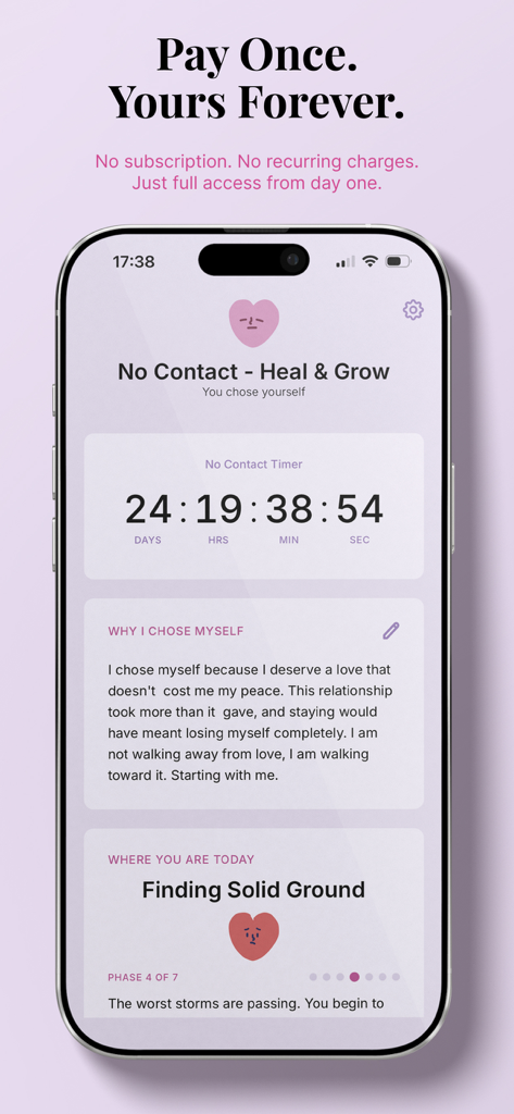 Interfaz de la app No Contact mostrando un temporizador de ruptura, nota personal de sanación y fase de progreso de recuperación