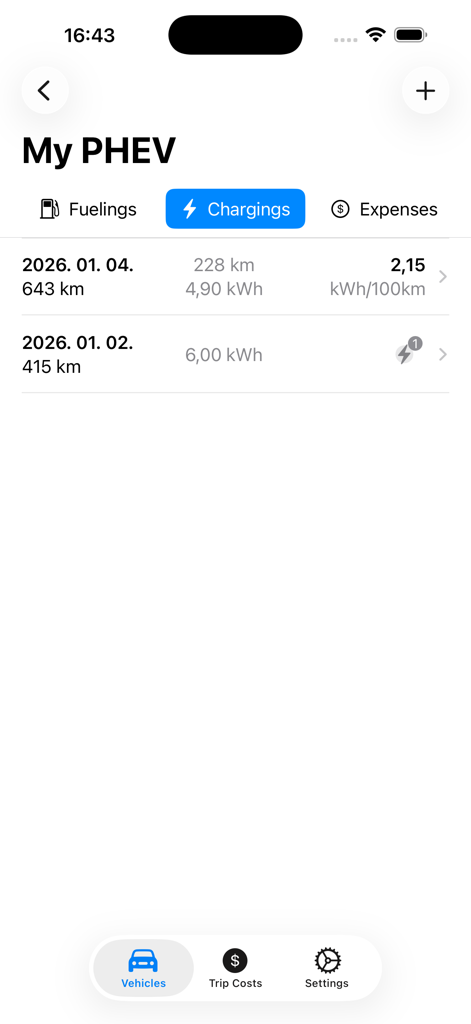 fuelcost.eu - Captura de pantalla de la aplicación fuelcost que muestra los registros de carga de vehículos eléctricos y el consumo de energía para un vehículo híbrido enchufable.