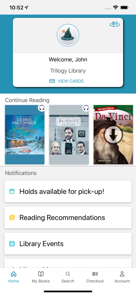CloudLibrary mobile app home screen showing user welcome card current reading list and library notifications