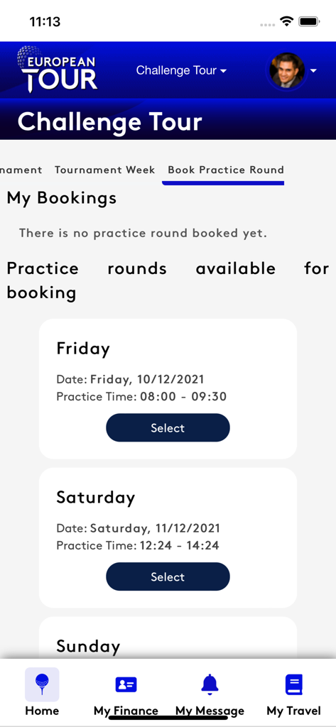My Tour - Interface for booking golf practice rounds in the My Tour app