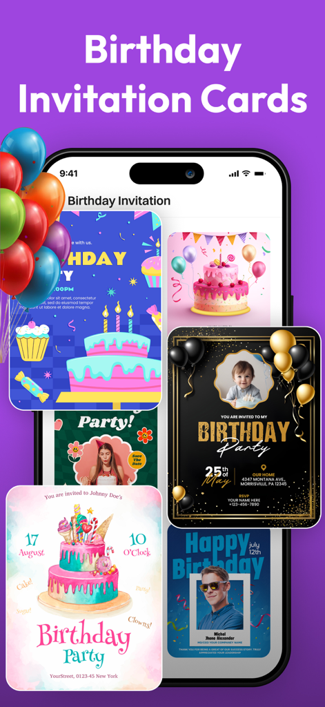 Invitation Maker- Invites RSVP - A collection of colorful birthday invitation card templates displayed on a smartphone screen
