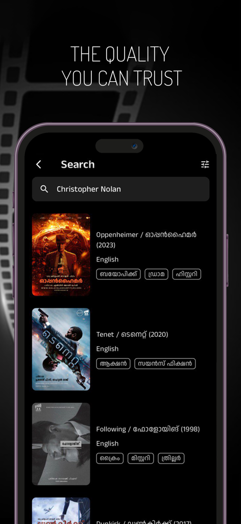Msone - A search screen in the Msone app showing movie results with Malayalam titles and genre tags