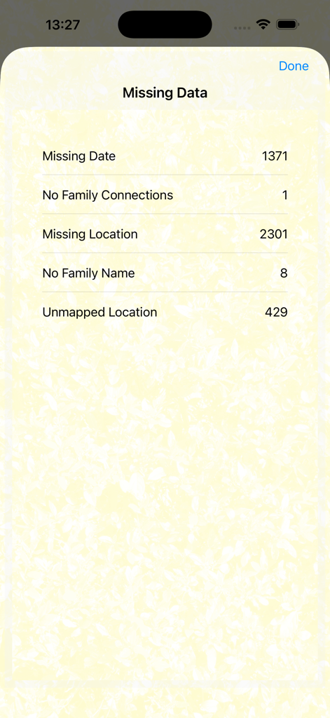 Forebears App-Bildschirm mit Statistiken zu fehlenden genealogischen Daten
