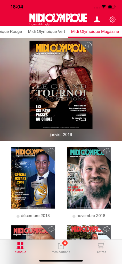 Digital magazine library in the Midol Le Journal app with rugby covers