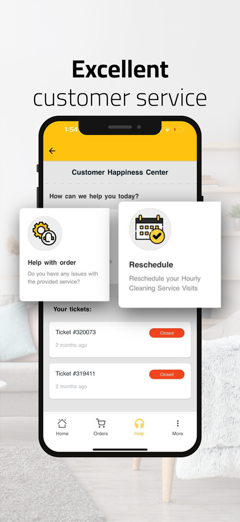 B8ak بيتك - Home Services App - B8ak-App-Oberfläche des Customer Happiness Centers mit Support-Tickets und Optionen zur Terminverschiebung