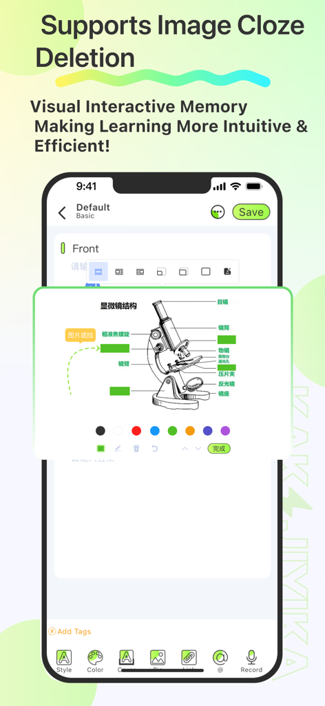 GreenNote-Flashcards for memo - GreenNote App-Oberfläche, die Bild-Lückentexte auf einem Mikroskopdiagramm für visuelles Gedächtnistraining zeigt