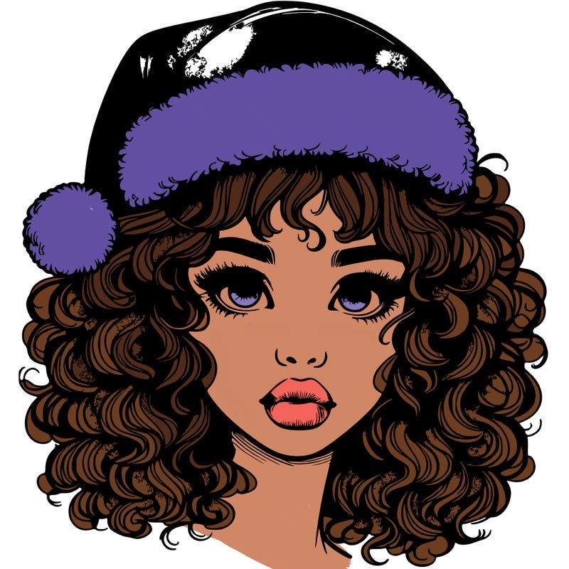 realistic girl with a santa hat curly hair and lips