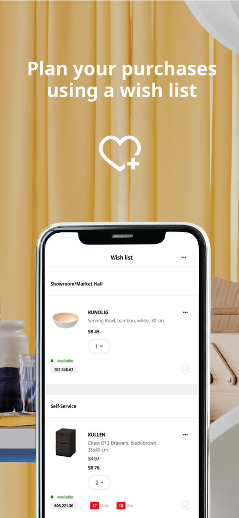 IKEA Saudi Arabia - A mobile phone displaying the IKEA Saudi Arabia app wish list screen with home furniture and decor items.
