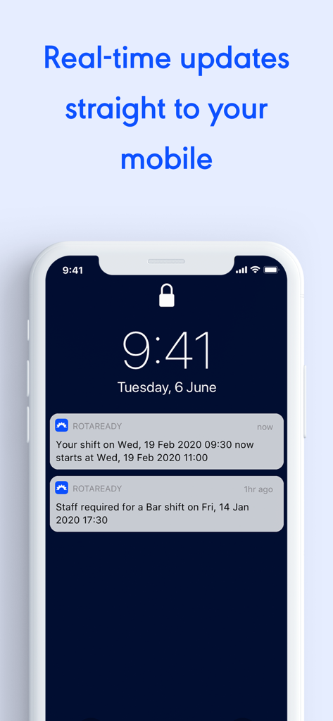 Rotaready - Smartphone lock screen displaying Rotaready real-time notifications for shift changes and available bar shifts.