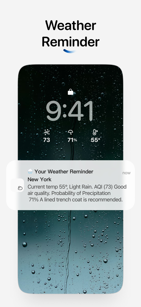 Notificación meteorológica minimalista en la pantalla de bloqueo del iPhone con sugerencias de vestimenta