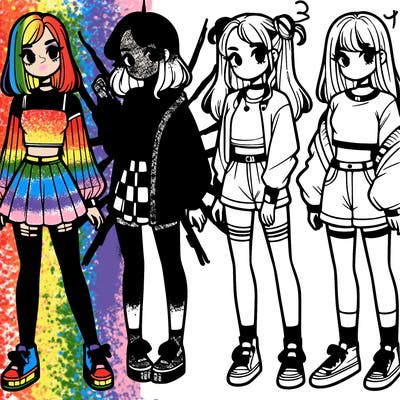 one girl with crop-top shirt and a jacket with a skirt, long socks and another girl with a shirt and pants with a jacket