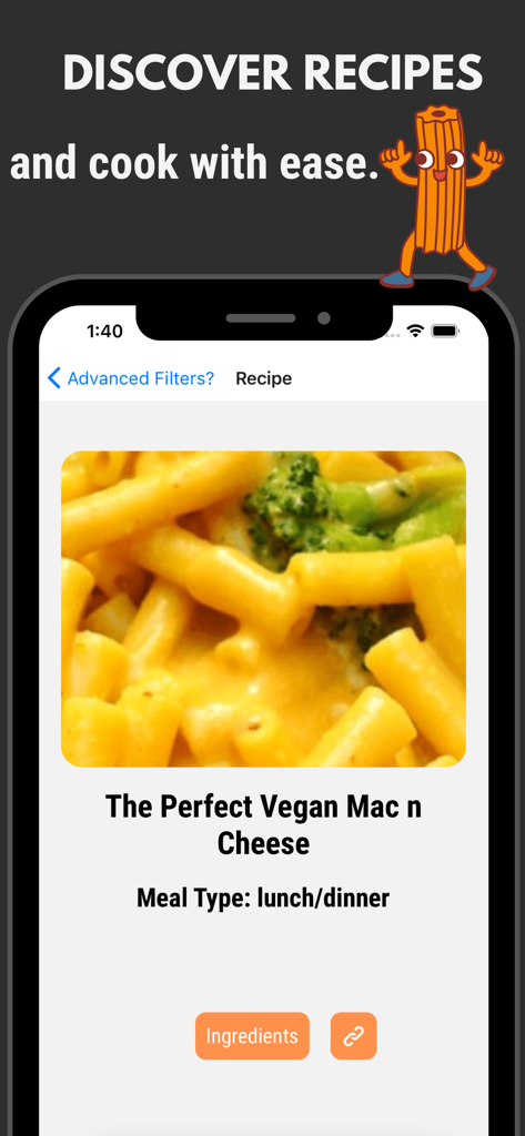 Screenshot of the Famysh app showing a vegan macaroni and cheese recipe suggestion