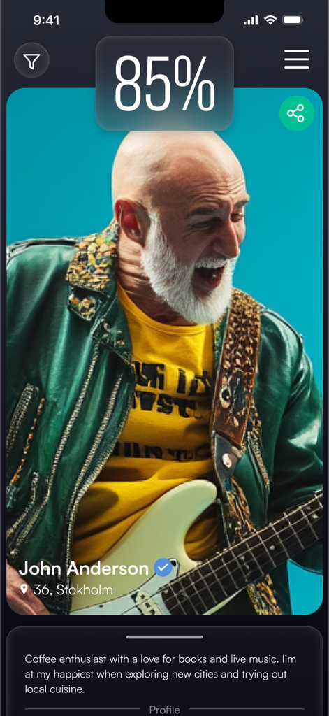 A user profile on the Matchful app showing an 85 percent compatibility score for a man named John Anderson playing guitar.