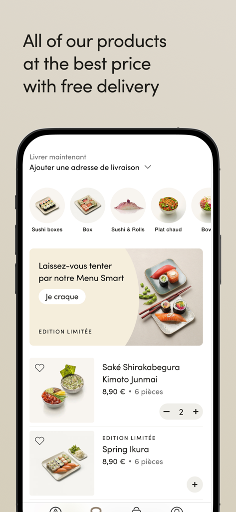 Sushi Shop, livraison de repas - Capture d'écran de l'application mobile Sushi Shop affichant les catégories de sushis et les options de livraison.