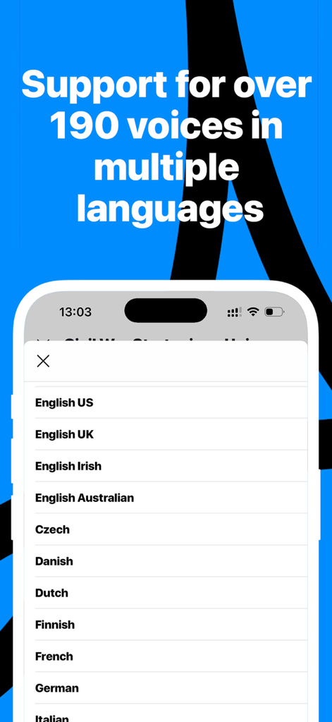 Una lista de opciones internacionales de idiomas y voces dentro de la aplicación PDF Voice Reader.