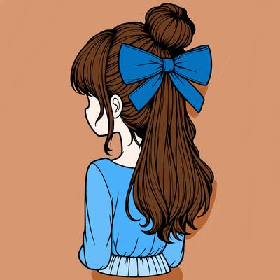realistic girl  with hip length hair a bun and a big bow on the back of head