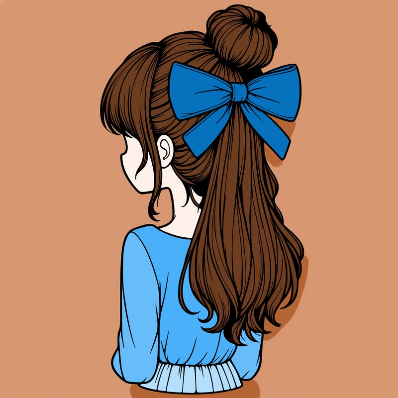 realistic girl  with hip length hair a bun and a big bow on the back of head