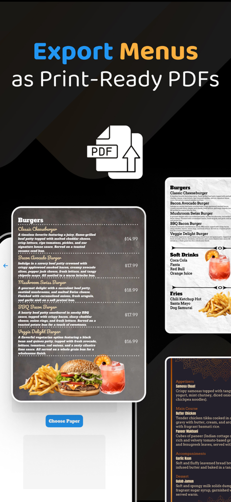 Menu Maker - Price List PDF - A feature highlighting the menu maker app's ability to export restaurant menus as print-ready PDF documents.