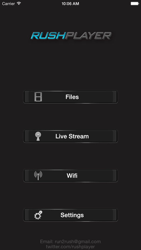 RushPlayer 메인 메뉴에 파일, 라이브 스트림, Wi-Fi 및 설정 옵션이 표시됩니다.