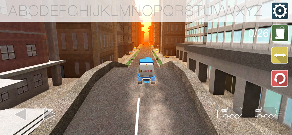 Garbage truck driving down a city street in the ABC Discovery educational game for toddlers