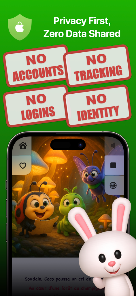 Una pantalla de teléfono inteligente que muestra un libro infantil con sellos que resaltan las funciones de privacidad como no rastrear y no tener cuentas