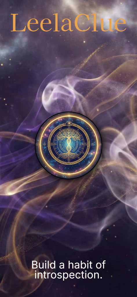 LeelaClue app intro screen with a mystical tree icon and the text Build a habit of introspection over a cosmic background.