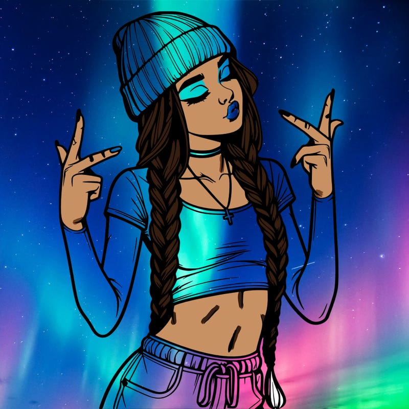 realistic teenage girl with braids and a beanie and crop top doing 🫶🏼