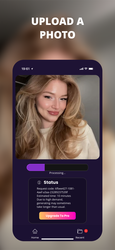 El retrato de una mujer siendo procesado en la aplicación Cartoonify Picture con una ventana de estado que muestra el tiempo de espera y un botón para actualizar a profesional