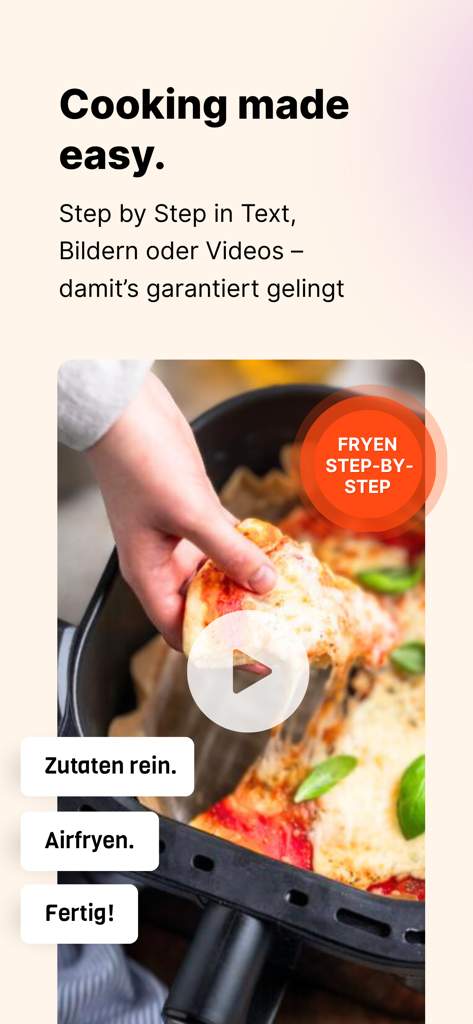 エアフライヤークラブアプリのインターフェース。ピザを簡単に調理するためのステップバイステップのビデオチュートリアルが表示されています
