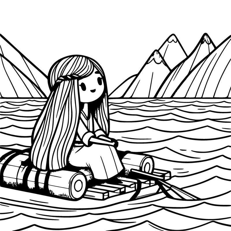 a girl with long hair sitting on a raft in the middle of the ocean