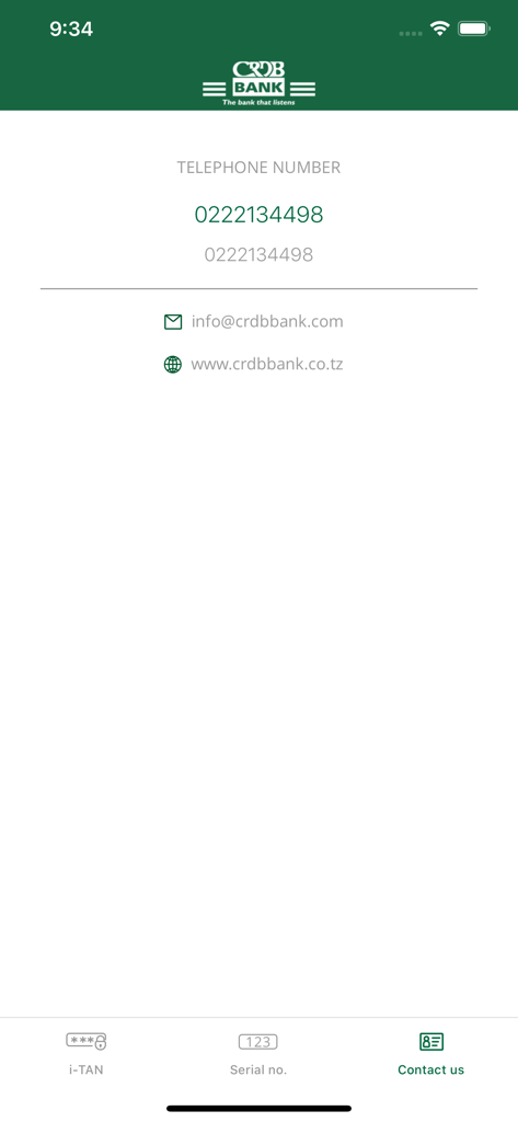 CRDB OTP app contact information screen showing bank phone number and email
