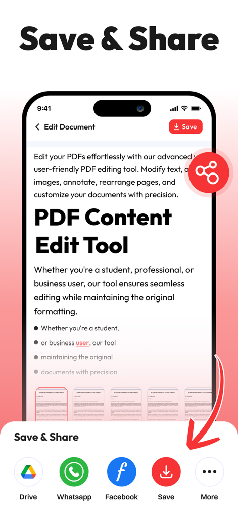 Tela Salvar e compartilhar do aplicativo Editor de PDF no iPhone com ícones para Google Drive e mídias sociais
