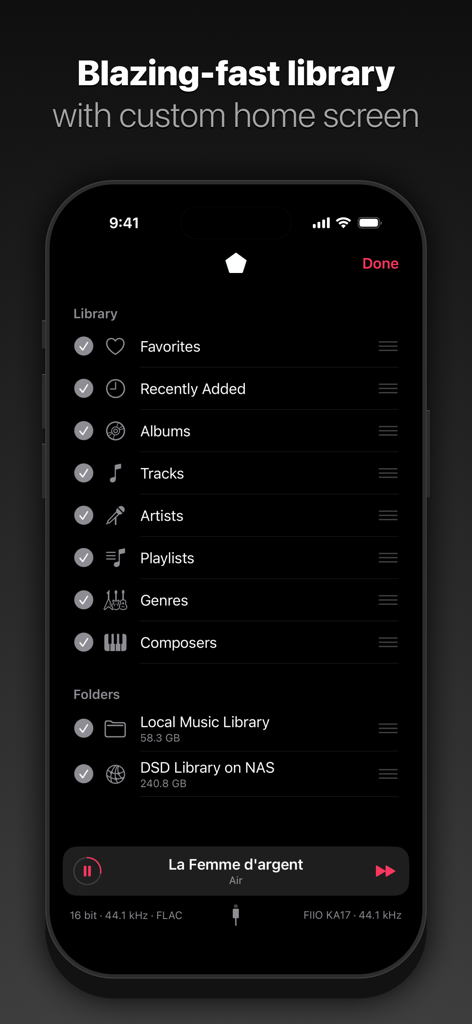 Pentaton: HiFi Offline Music - A minimalist interface of Pentaton showing the custom library home screen with options for local music and DSD files on a NAS.