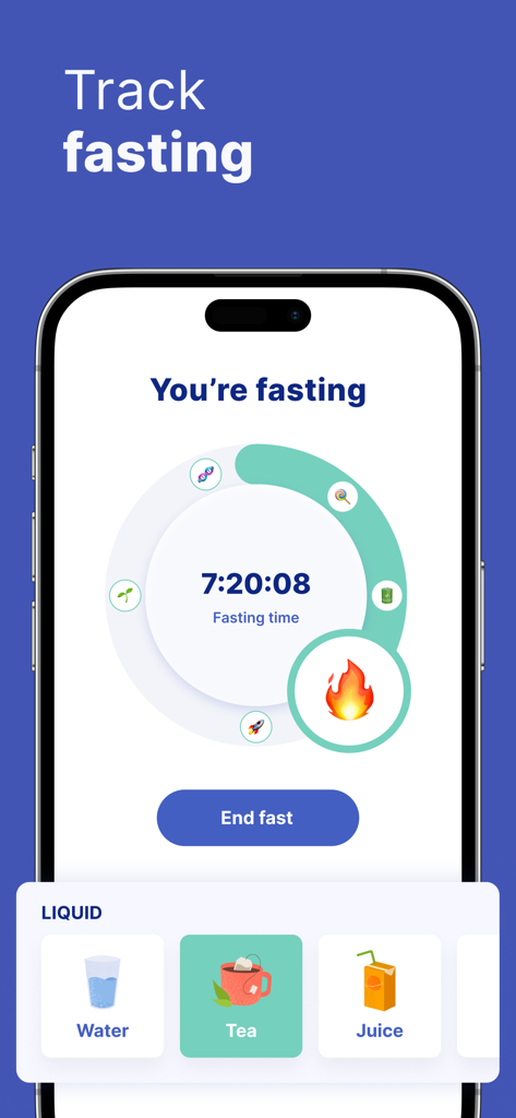 Interface of the Omo app showing an intermittent fasting countdown timer and liquid intake options.