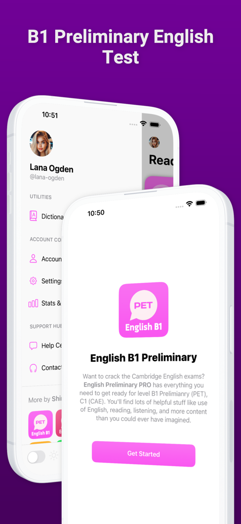 English B1 PET - Mobile app interface for B1 Preliminary English test preparation showing user profile and welcome screen