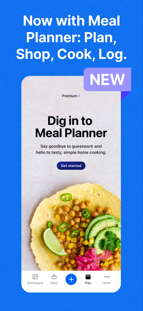 MyFitnessPal app interface showcasing the new Meal Planner feature with a healthy taco bowl image.