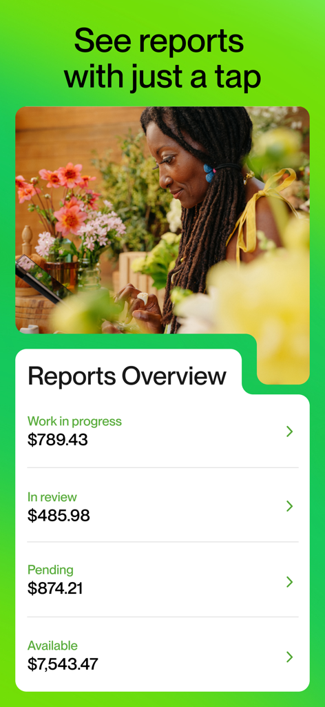 Upwork - Upwork mobile app interface showing a Reports Overview with earnings for work in progress, review, pending, and available status.