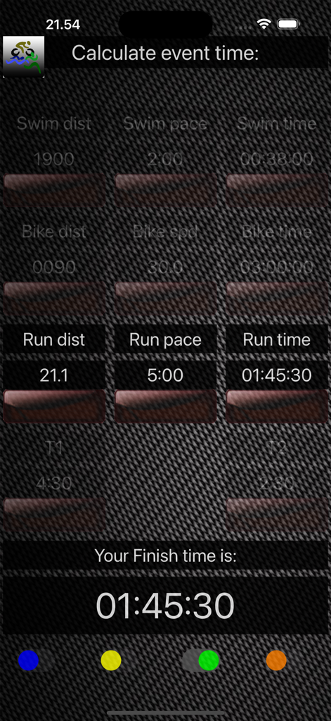Triathlon-Calc - Oberfläche der Triathlon-Calc App, die Eingaben für Schwimm-, Rad- und Laufdistanz und -tempo zur Berechnung einer Gesamtendzeit zeigt