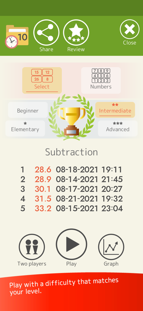 Mental Arithmetic Math - Mental Arithmetic Math app screen with subtraction history and difficulty level options