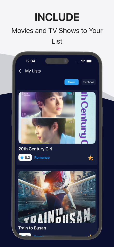 Interfaz de la aplicación Time movies que muestra la función Mis listas para organizar películas y programas de televisión favoritos
